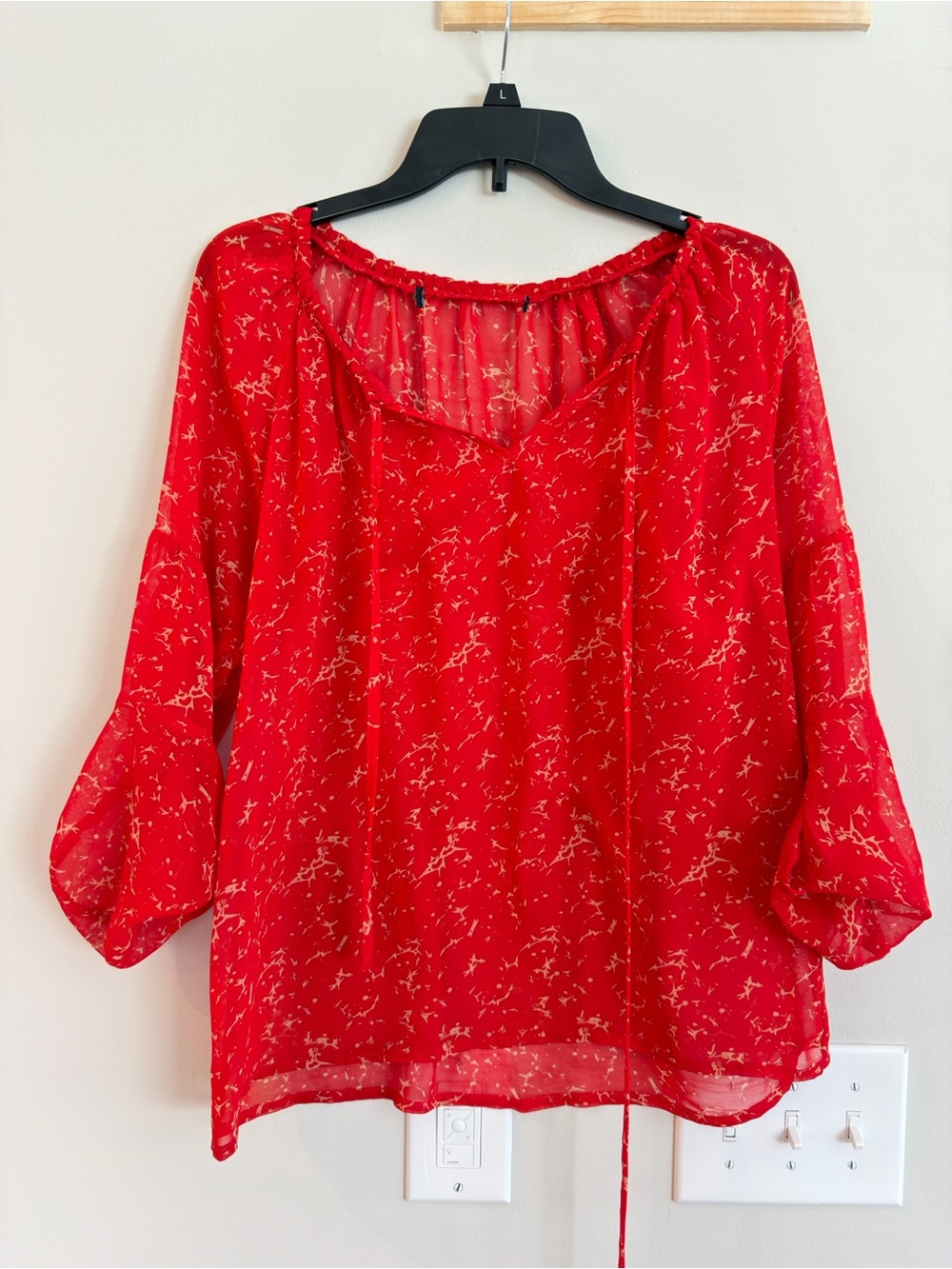 Red Printed Sheer Peasant Blouse - Women Tops